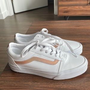 White Leather Vans Metallic Gold Stripe